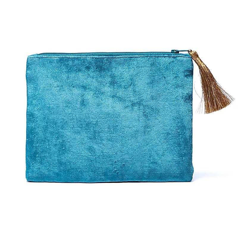 Blue Floral Velvet Zip Pouch — 20x15 cm