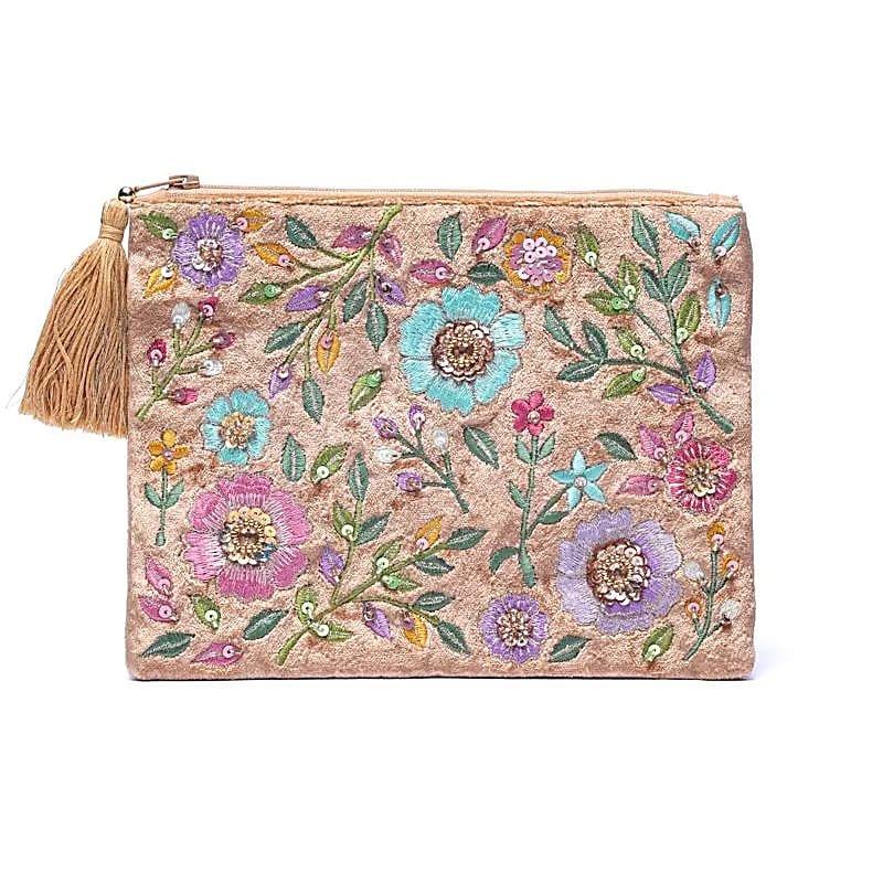 Beiges Samttäschchen mit Blumenmotiv – 20 x 15 cm