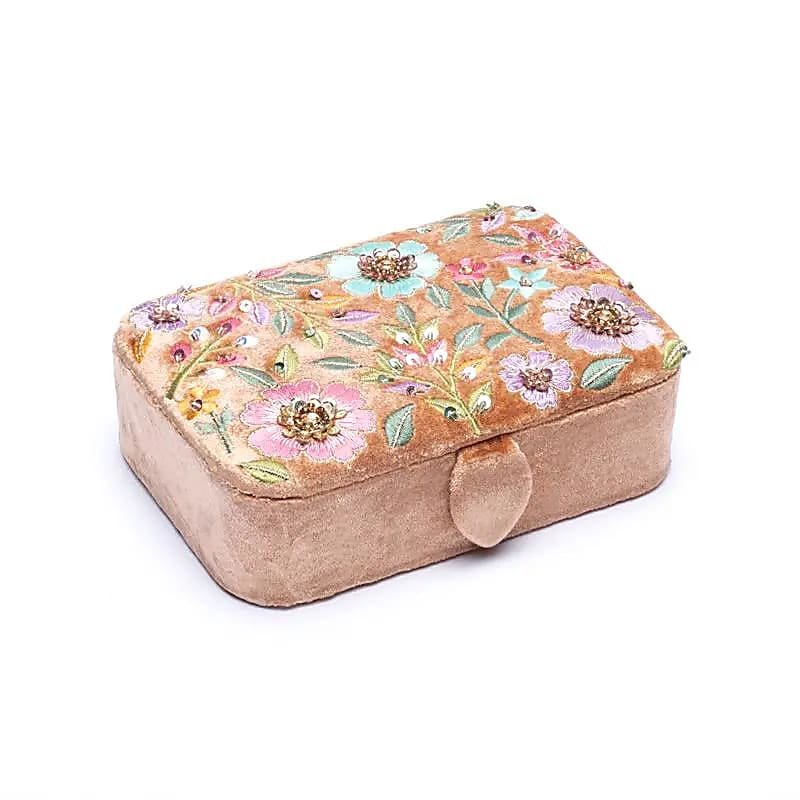 Beige Samtbox für Schmuck und Tarotkarten mit Blumenmotiv