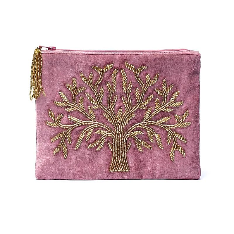 Pink Tree of Life Velvet Zip Pouch — 20x15 cm