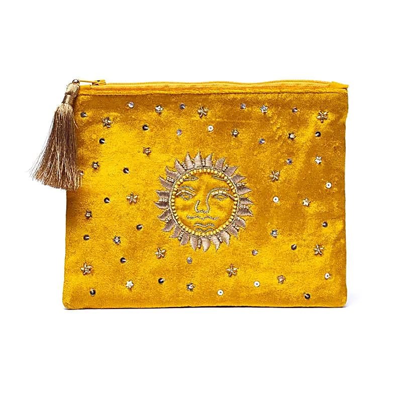 Yellow Sun Velvet Zip Pouch — 20x15 cm