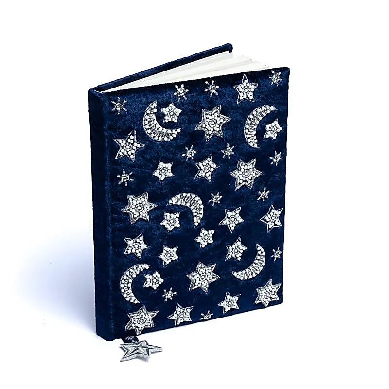 Dark Blue Moon & Stars Velvet Notebook — 20x15 cm