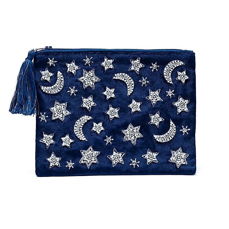 Dark Blue Moon & Stars Velvet Zip Pouch — 20x15 cm
