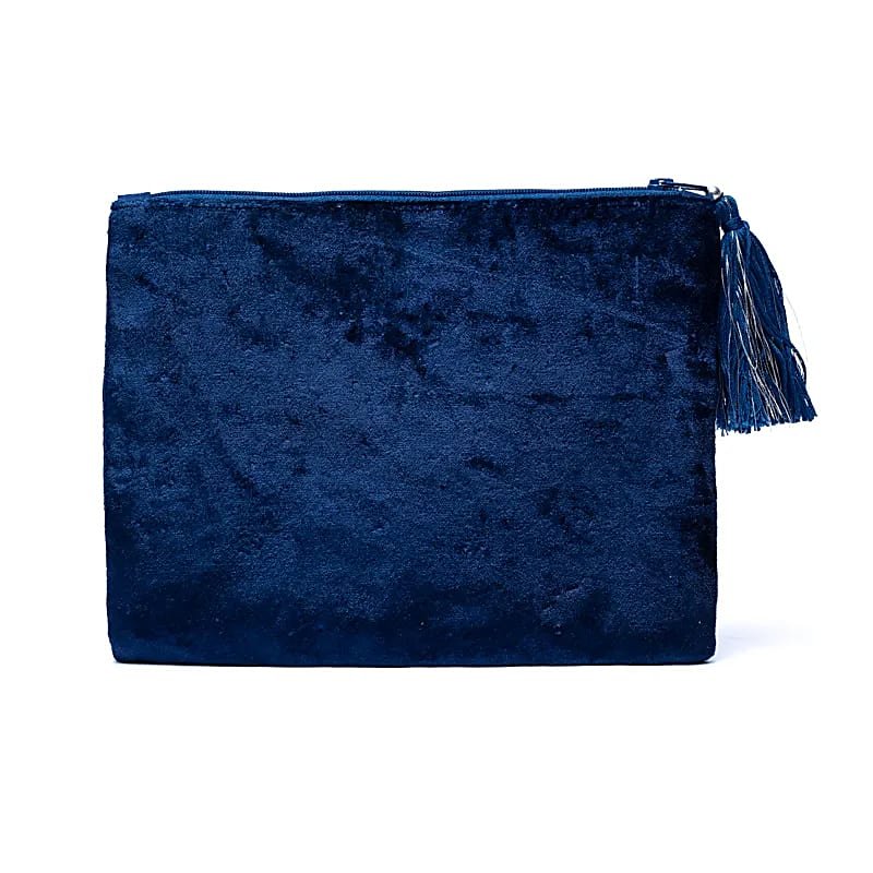 Dark Blue Moon & Stars Velvet Zip Pouch — 20x15 cm