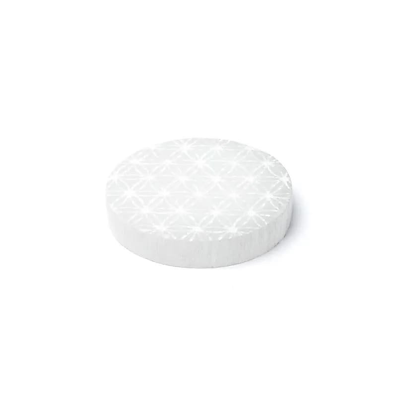 Selenit-Ladeplatte mit Blume des Lebens – 8 cm