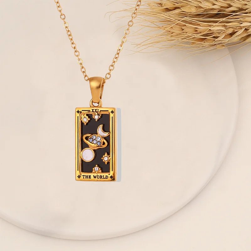 Mystic Tarot Card Pendant Necklace - World / Gold